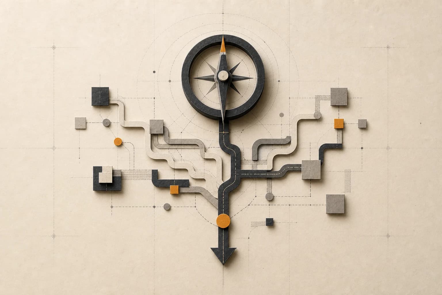 A compass above a layered branching roadmap with technical decision paths.
