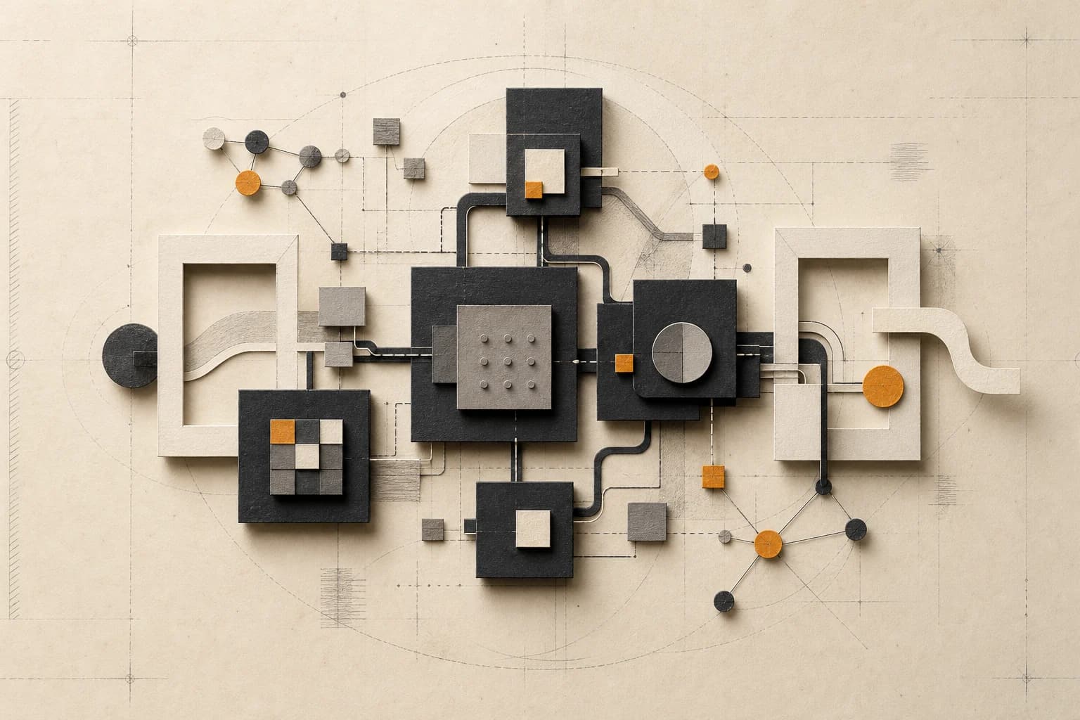 Modular software blocks connected to portal frames and workflow paths on a technical drafting grid.