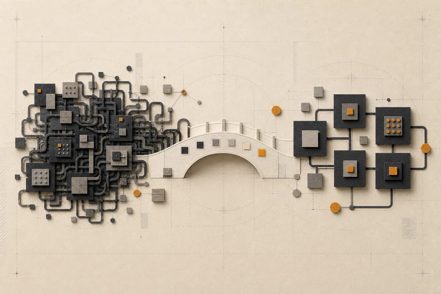 Un mecanismo frágil cruza un puente y se convierte en un sistema de software modular.