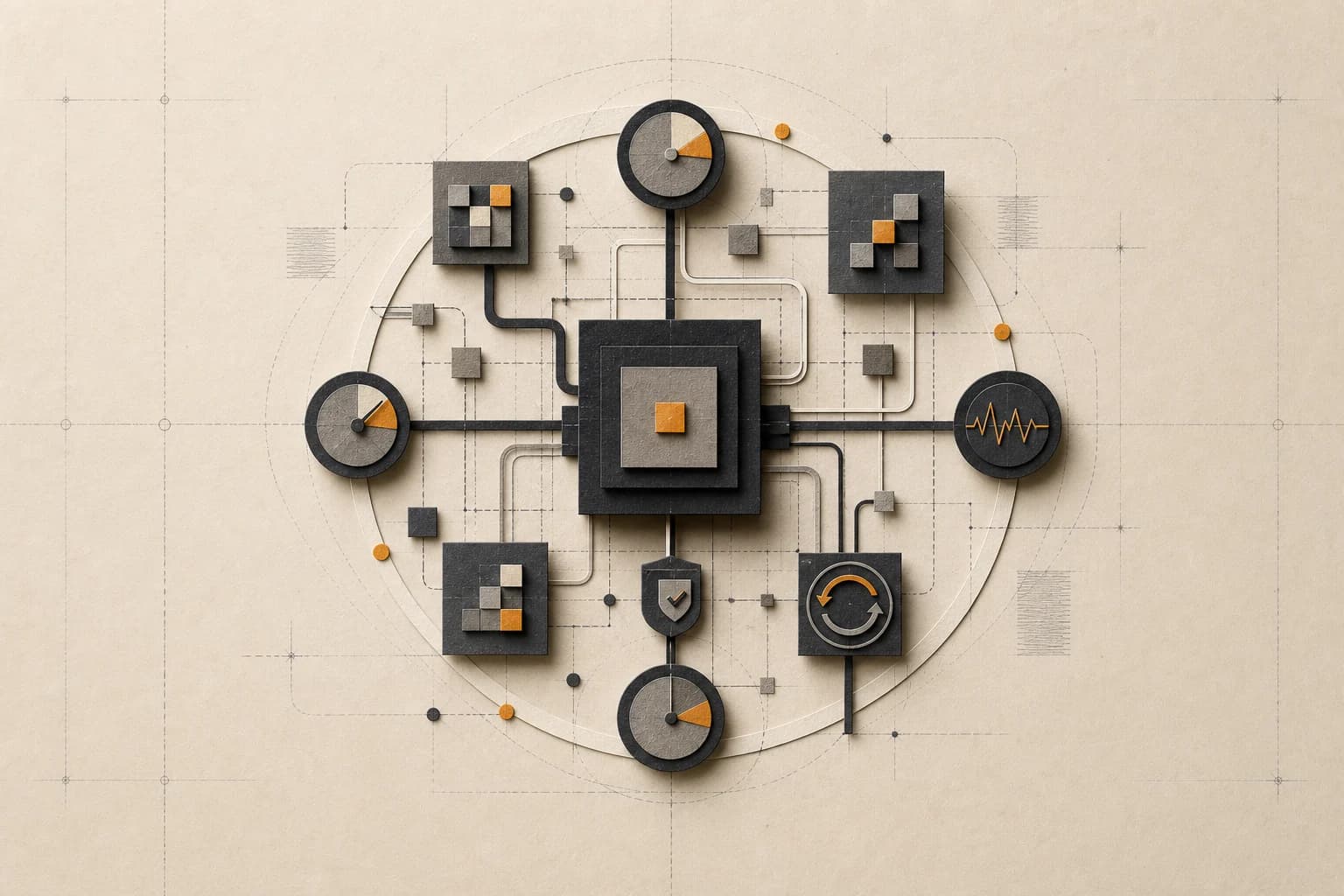 A stable software core surrounded by monitoring, repair, backup, and lifecycle signals.